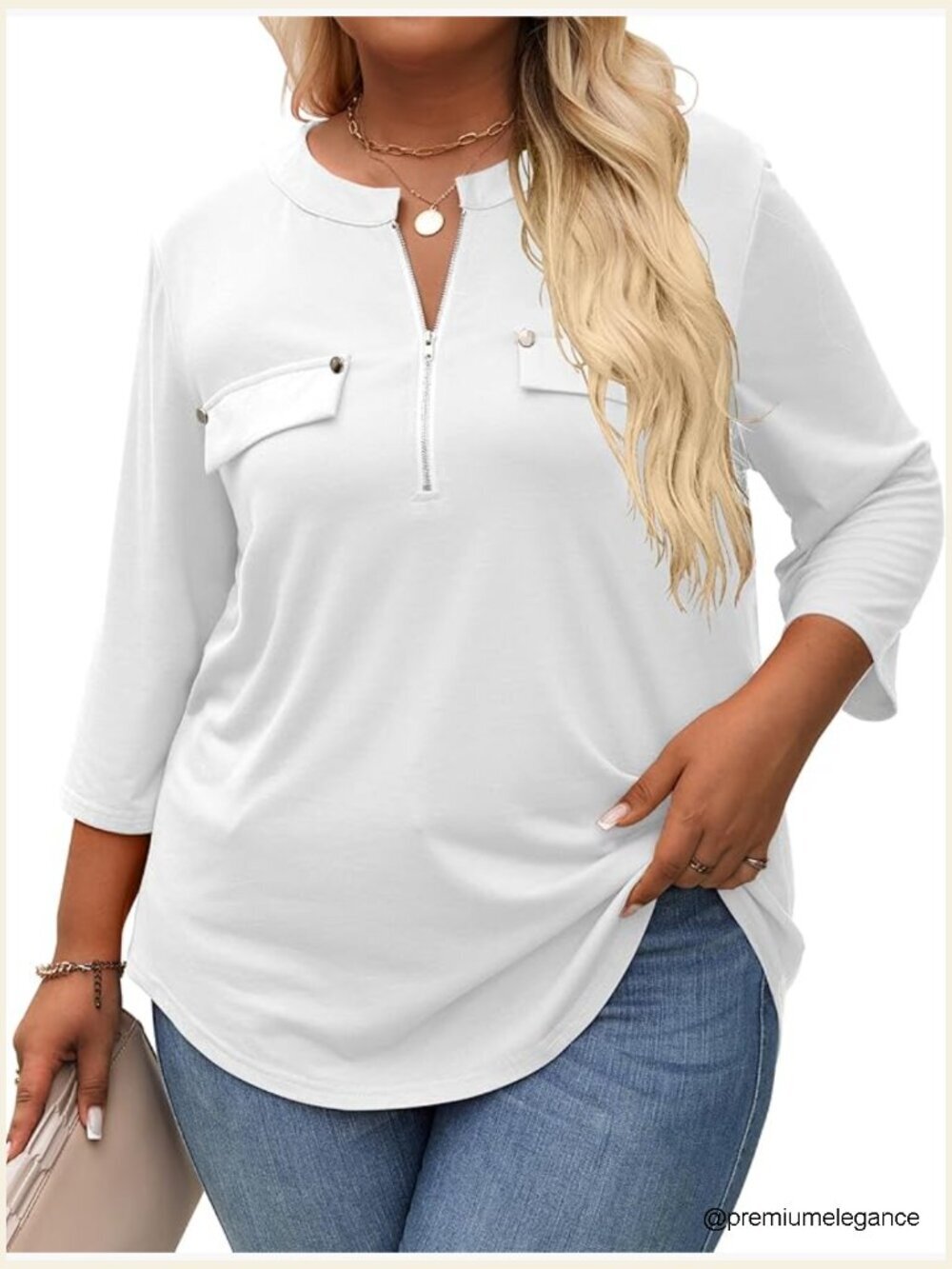 Plus Size 3/4 Sleeve V-Neck Blouse Tunic Work Top Stretch